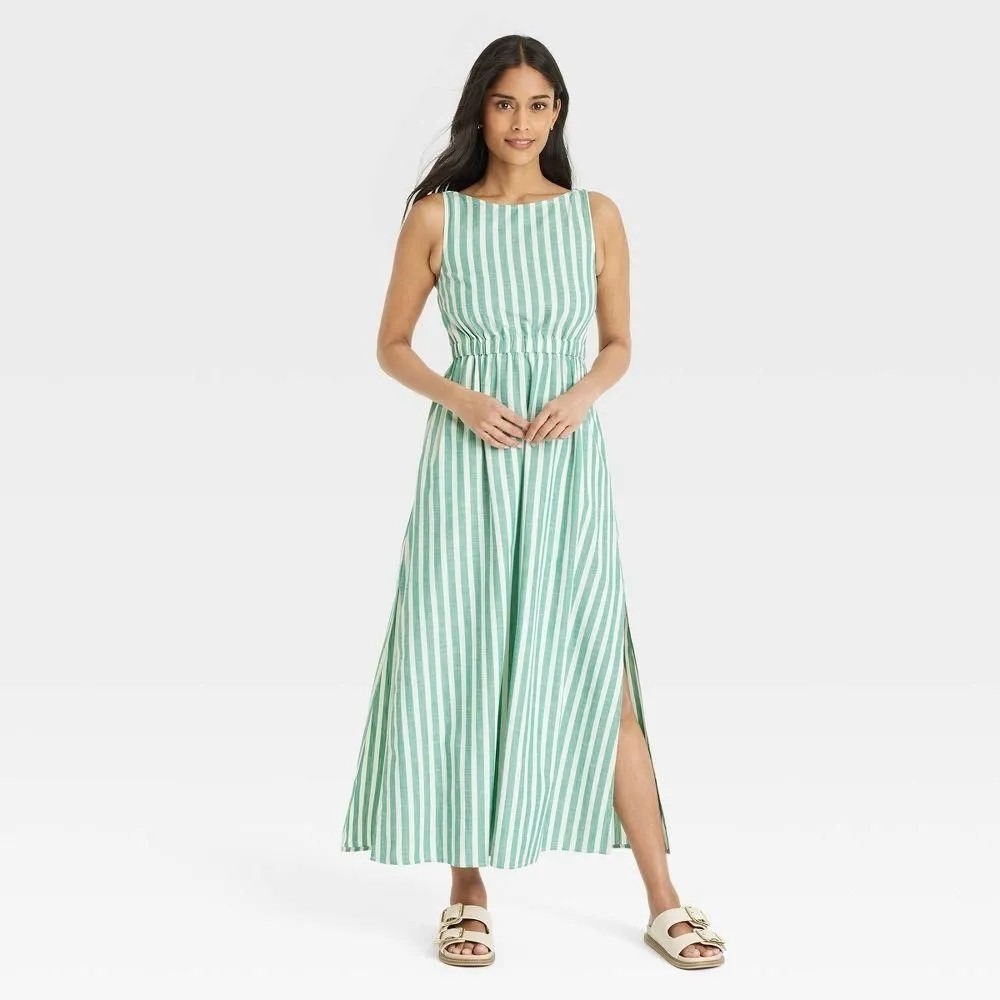 Universal Thread Women's Cotton Striped Green Maxi Dress L Elastic Waist Pockets